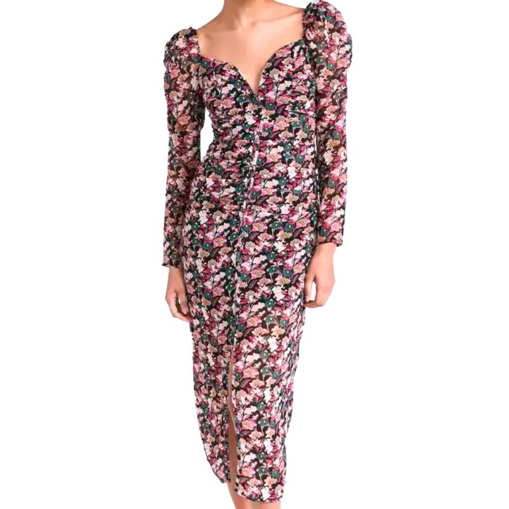 ASTR The Label Floral Midi Dress Size‎ Medium Ruched Puff Sleeve Teal Pink Black